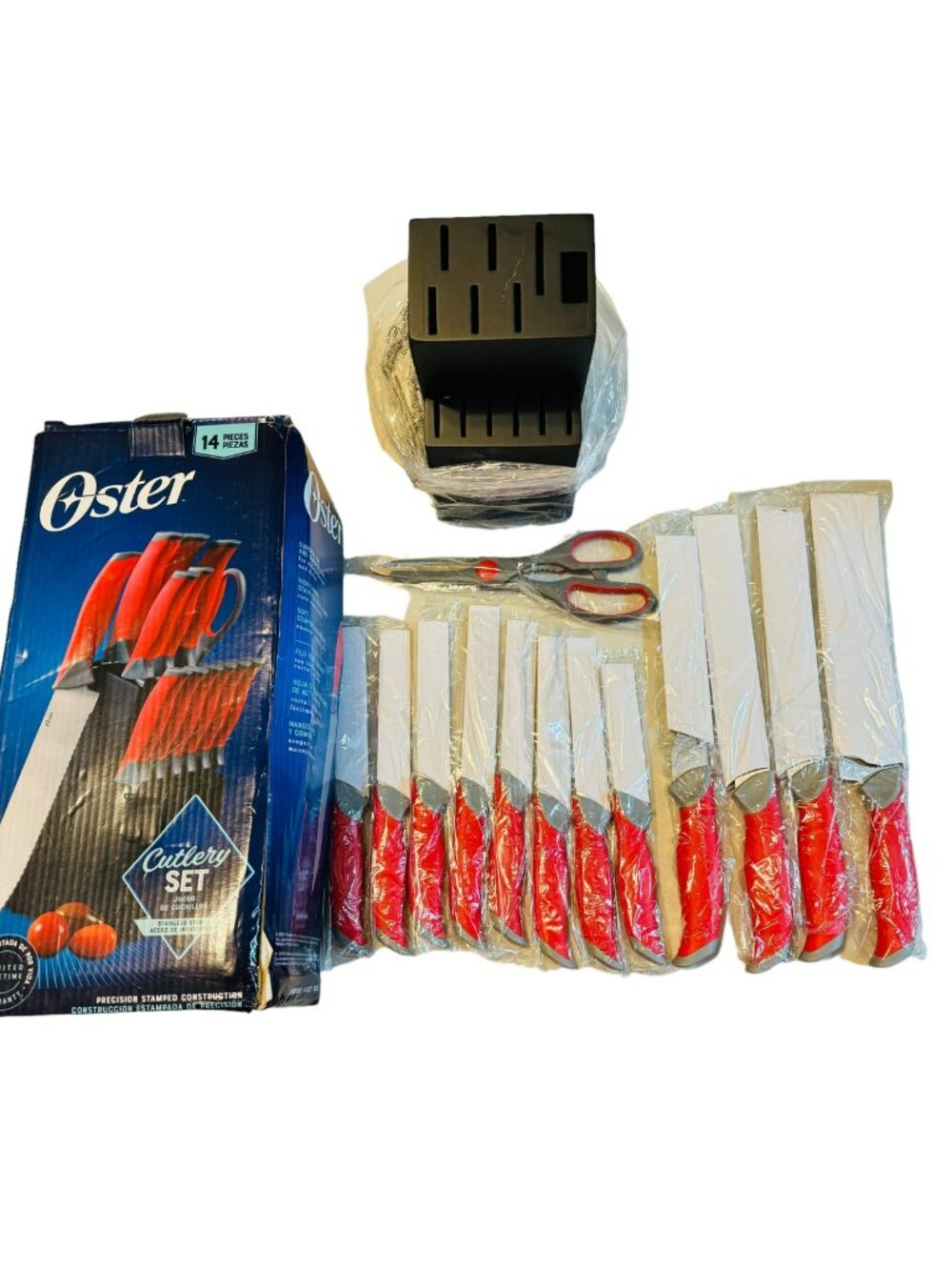 Oster 14-Piece Stainless Steel Cutlery Set With Red Handles & Wood Block
